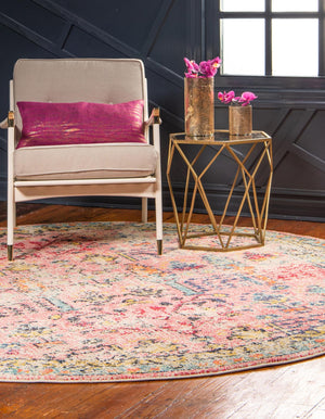 Pink 8' x 8' Monterey Round Area Rug 100% Polypropylene Colorful Easy Clean Traditional Carpet for Living Room, Bedrooms, Dining, Kitchen for Sale at Rug Engine