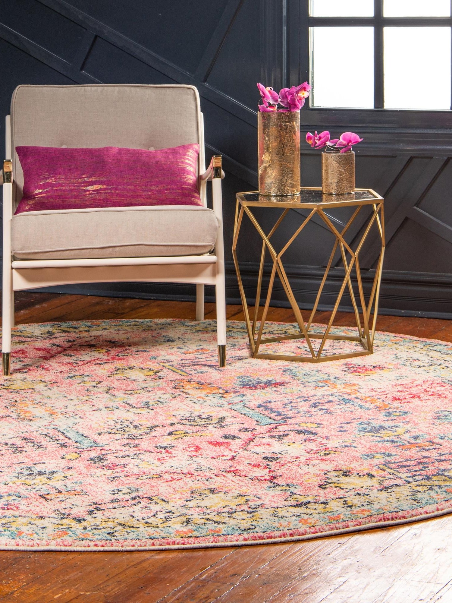 Pink 5' 3 x 5' 3 Monterey Round Area Rug 100% Polypropylene Colorful Easy Clean Traditional Carpet for Living Room, Bedrooms, Dining, Kitchen for Sale at Rug Engine