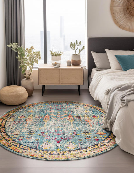 Blue 8' x 8' Monterey Round Area Rug 100% Polypropylene Colorful Easy Clean Traditional Carpet for Living Room, Bedrooms, Dining, Kitchen for Sale at Rug Engine