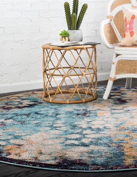 Blue 8' x 8' Vita Round Area Rug Colorful Vivid Vintage Style Modern Indoor Easy Clean Durable Carpet Mat for Home Interior Design for Sale at Rug Engine