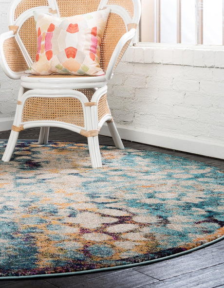 Blue 8' x 8' Vita Round Area Rug Colorful Vivid Vintage Style Modern Indoor Easy Clean Durable Carpet Mat for Home Interior Design for Sale at Rug Engine