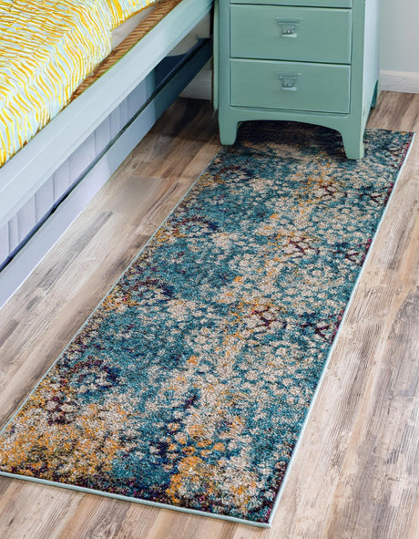 Blue 2' x 6' 9 Vita Runner Area Rug Colorful Vivid Vintage Style Modern Indoor Easy Clean Durable Carpet Mat for Home Interior Design for Sale at Rug Engine