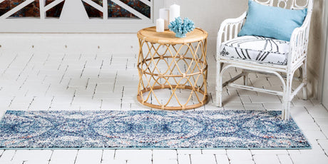 Blue 2' 7 x 10' Vita Runner Area Rug Colorful Vivid Vintage Style Modern Indoor Easy Clean Durable Carpet Mat for Home Interior Design for Sale at Rug Engine