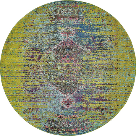 Green 8' x 8' Vita Round Area Rug Colorful Vivid Vintage Style Modern Indoor Easy Clean Durable Carpet Mat for Home Interior Design for Sale at Rug Engine