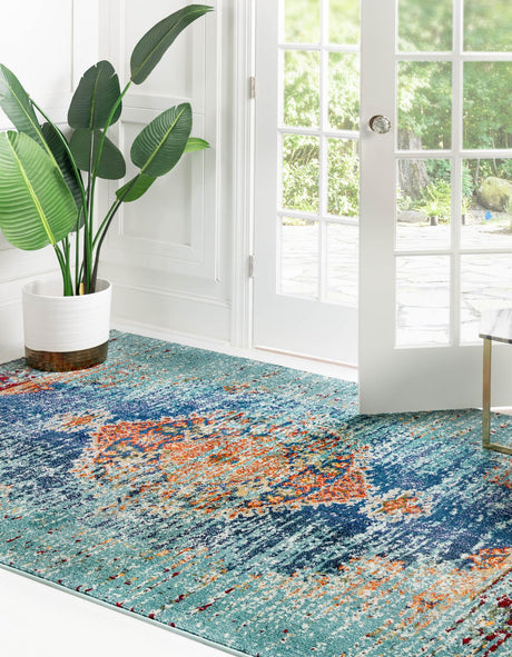 Turquoise 8' x 10' Vita Rectangle Area Rug Colorful Vivid Vintage Style Modern Indoor Easy Clean Durable Carpet Mat for Home Interior Design for Sale at Rug Engine