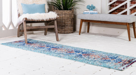 Turquoise 2' 7 x 10' Vita Runner Area Rug Colorful Vivid Vintage Style Modern Indoor Easy Clean Durable Carpet Mat for Home Interior Design for Sale at Rug Engine