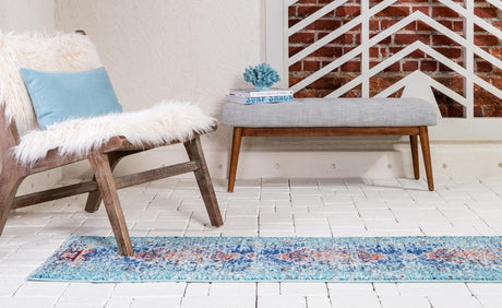 Turquoise 2' 7 x 10' Vita Runner Area Rug Colorful Vivid Vintage Style Modern Indoor Easy Clean Durable Carpet Mat for Home Interior Design for Sale at Rug Engine