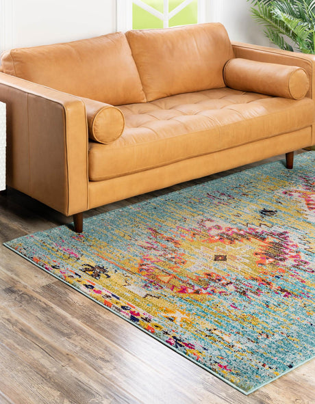 Turquoise 4' 1 x 6' 1 Vita Rectangle Area Rug Colorful Vivid Vintage Style Modern Indoor Easy Clean Durable Carpet Mat for Home Interior Design for Sale at Rug Engine