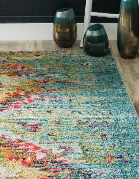 Turquoise 4' 1 x 6' 1 Vita Rectangle Area Rug Colorful Vivid Vintage Style Modern Indoor Easy Clean Durable Carpet Mat for Home Interior Design for Sale at Rug Engine