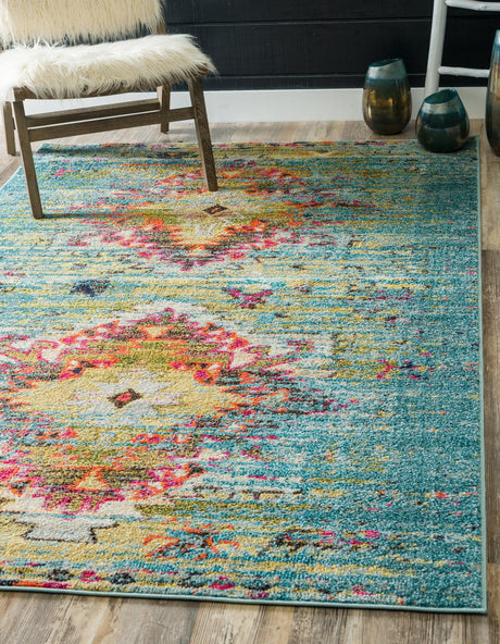 Turquoise 4' 1 x 6' 1 Vita Rectangle Area Rug Colorful Vivid Vintage Style Modern Indoor Easy Clean Durable Carpet Mat for Home Interior Design for Sale at Rug Engine