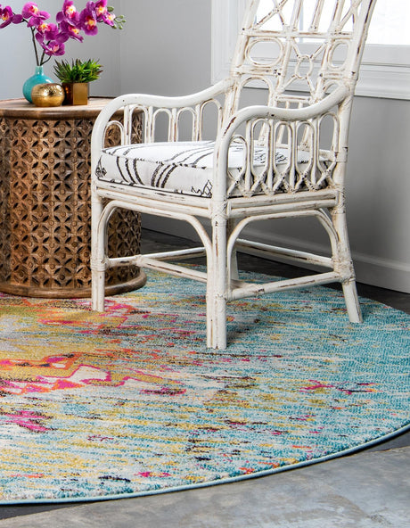 Turquoise 8' x 8' Vita Round Area Rug Colorful Vivid Vintage Style Modern Indoor Easy Clean Durable Carpet Mat for Home Interior Design for Sale at Rug Engine
