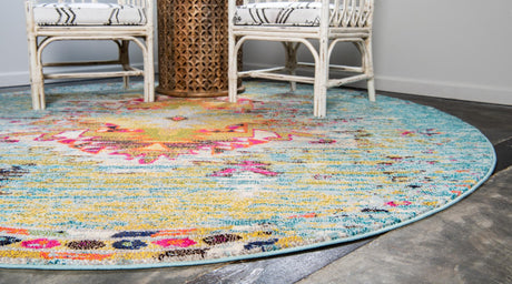 Turquoise 6' 1 x 6' 1 Vita Round Area Rug Colorful Vivid Vintage Style Modern Indoor Easy Clean Durable Carpet Mat for Home Interior Design for Sale at Rug Engine