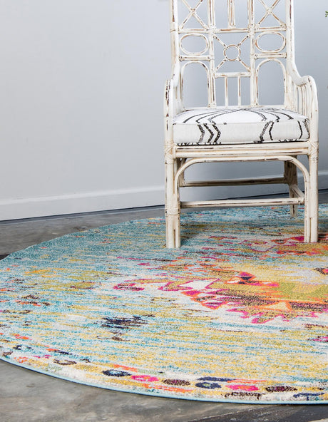 Turquoise 4' 1 x 4' 1 Vita Round Area Rug Colorful Vivid Vintage Style Modern Indoor Easy Clean Durable Carpet Mat for Home Interior Design for Sale at Rug Engine