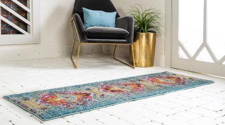 Turquoise 2' x 6' 9 Vita Runner Area Rug Colorful Vivid Vintage Style Modern Indoor Easy Clean Durable Carpet Mat for Home Interior Design for Sale at Rug Engine