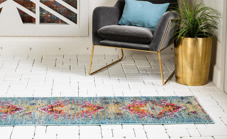 Turquoise 2' x 6' 9 Vita Runner Area Rug Colorful Vivid Vintage Style Modern Indoor Easy Clean Durable Carpet Mat for Home Interior Design for Sale at Rug Engine