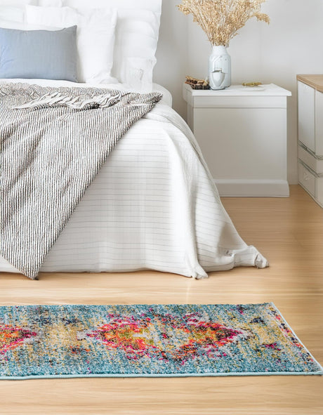 Turquoise 2' x 6' 9 Vita Runner Area Rug Colorful Vivid Vintage Style Modern Indoor Easy Clean Durable Carpet Mat for Home Interior Design for Sale at Rug Engine