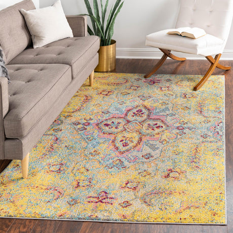 Yellow 10' 6 x 16' 5 Vita Rectangle Area Rug Colorful Vivid Vintage Style Modern Indoor Easy Clean Durable Carpet Mat for Home Interior Design for Sale at Rug Engine
