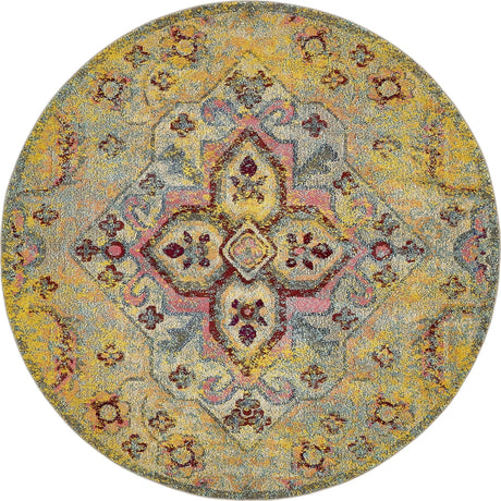 Yellow 8' x 8' Vita Round Area Rug Colorful Vivid Vintage Style Modern Indoor Easy Clean Durable Carpet Mat for Home Interior Design for Sale at Rug Engine