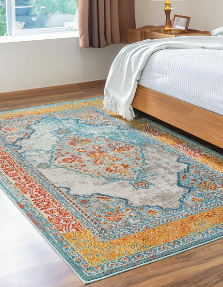 Blue 4' 1 x 6' 1 Vita Rectangle Area Rug Colorful Vivid Vintage Style Modern Indoor Easy Clean Durable Carpet Mat for Home Interior Design for Sale at Rug Engine