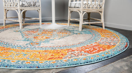 Blue 8' x 8' Vita Round Area Rug Colorful Vivid Vintage Style Modern Indoor Easy Clean Durable Carpet Mat for Home Interior Design for Sale at Rug Engine
