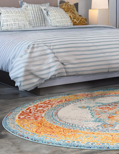 Blue 4' 1 x 4' 1 Vita Round Area Rug Colorful Vivid Vintage Style Modern Indoor Easy Clean Durable Carpet Mat for Home Interior Design for Sale at Rug Engine
