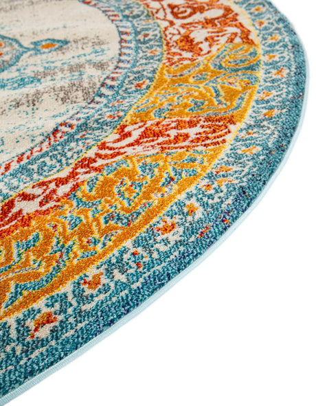 Blue 8' x 8' Vita Round Area Rug Colorful Vivid Vintage Style Modern Indoor Easy Clean Durable Carpet Mat for Home Interior Design for Sale at Rug Engine