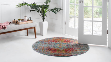 Blue 8' x 8' Vita Round Area Rug Colorful Vivid Vintage Style Modern Indoor Easy Clean Durable Carpet Mat for Home Interior Design for Sale at Rug Engine