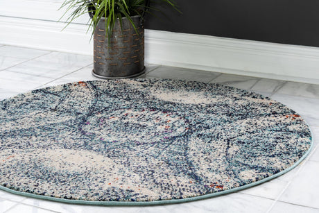 Blue 4' 1 x 4' 1 Vita Round Area Rug Colorful Vivid Vintage Style Modern Indoor Easy Clean Durable Carpet Mat for Home Interior Design for Sale at Rug Engine