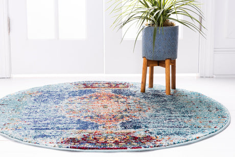 Turquoise 6' 1 x 6' 1 Vita Round Area Rug Colorful Vivid Vintage Style Modern Indoor Easy Clean Durable Carpet Mat for Home Interior Design for Sale at Rug Engine