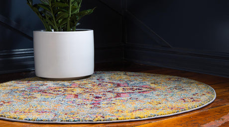 Yellow 8' x 8' Vita Round Area Rug Colorful Vivid Vintage Style Modern Indoor Easy Clean Durable Carpet Mat for Home Interior Design for Sale at Rug Engine