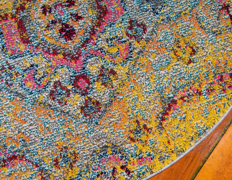 Yellow 8' x 8' Vita Round Area Rug Colorful Vivid Vintage Style Modern Indoor Easy Clean Durable Carpet Mat for Home Interior Design for Sale at Rug Engine