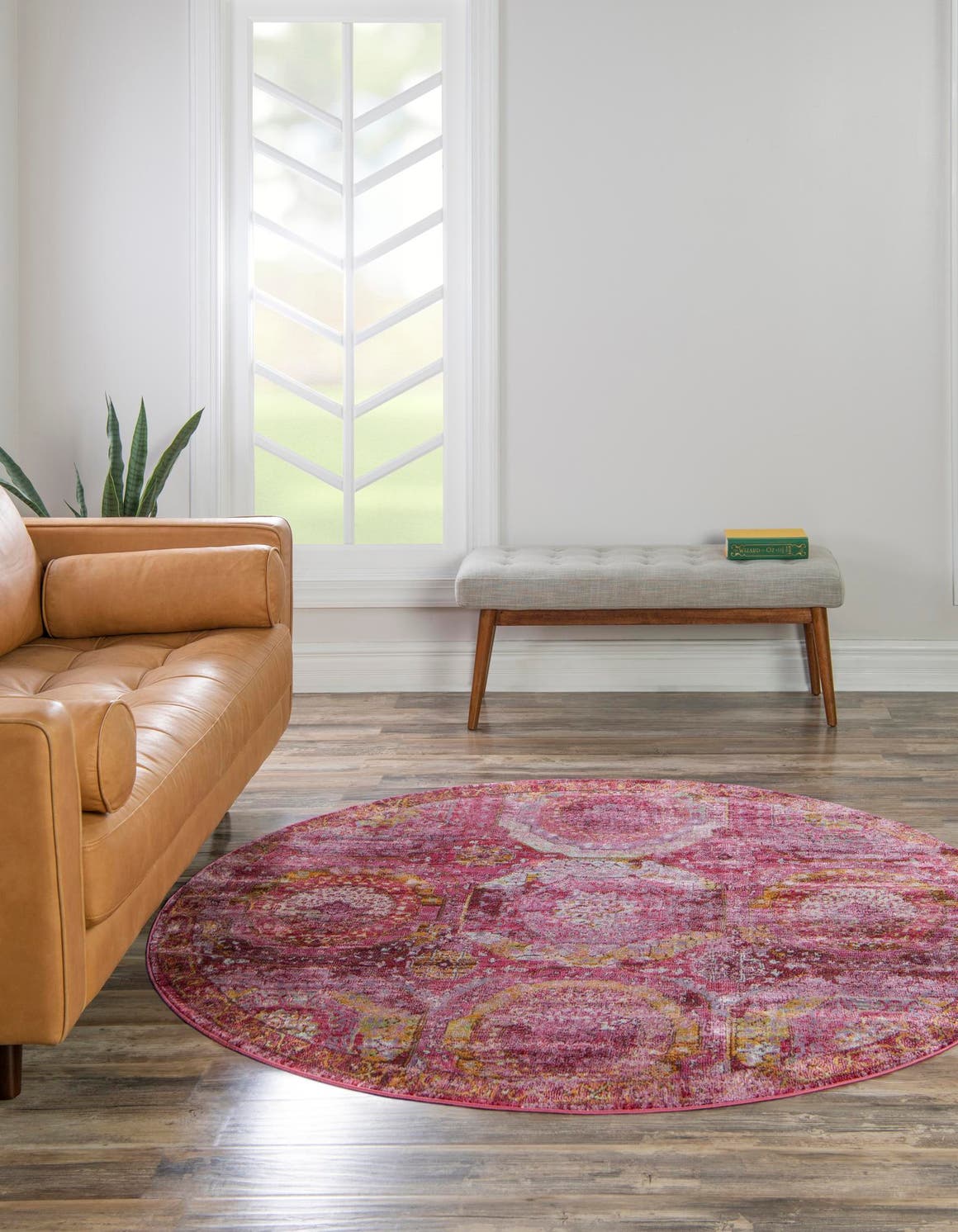 Pink 5' 5 x 5' 5 Baracoa Round Area Rug 100% Polypropylene Distressed Vintage Living Dining Room Office Traditional Carpet for Sale at Rug Engine