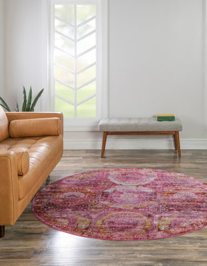Pink 6' 1 x 6' 1 Baracoa Round Area Rug 100% Polypropylene Distressed Vintage Living Dining Room Office Traditional Carpet for Sale at Rug Engine