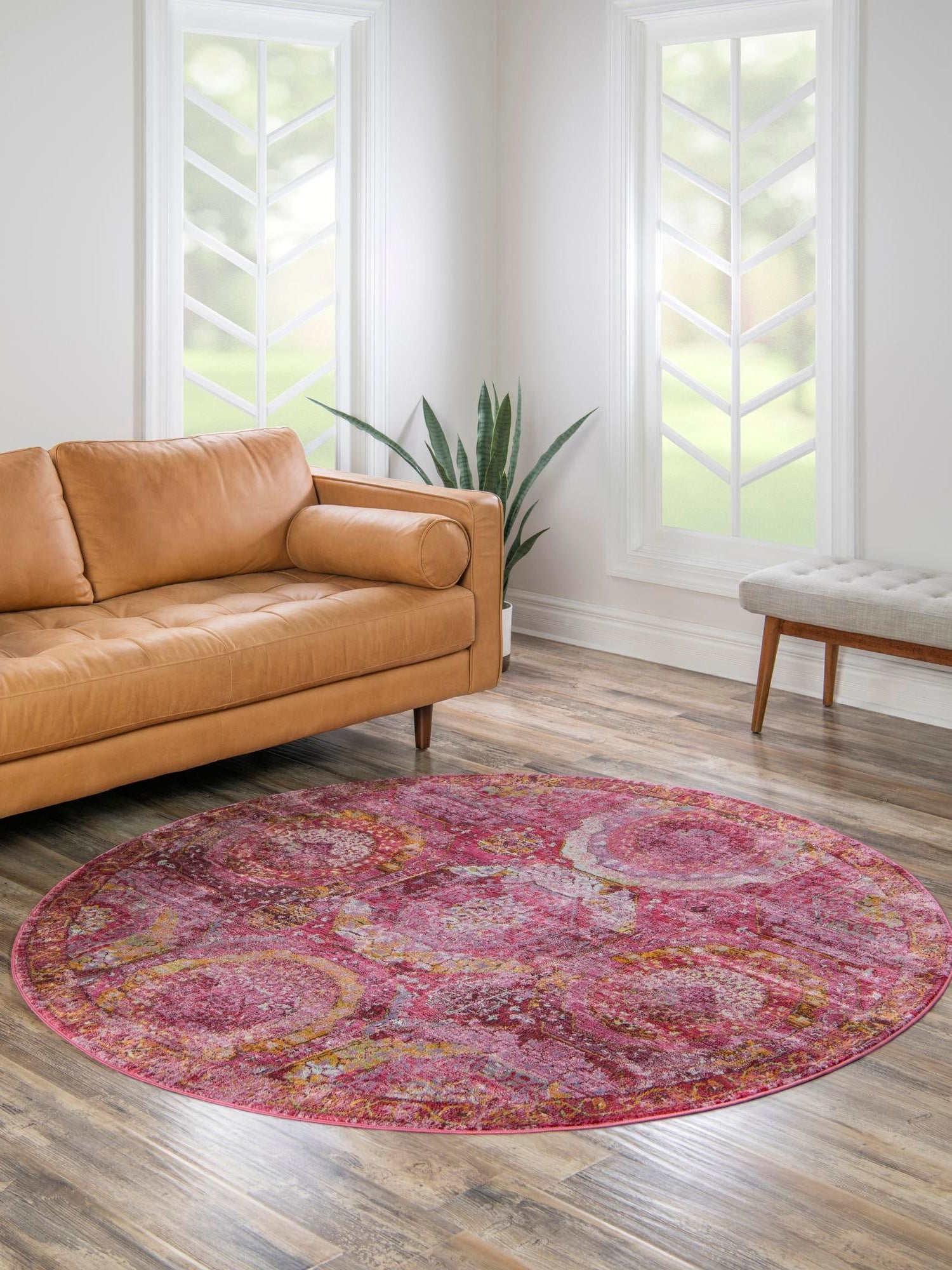 Pink 7' 1 x 7' 1 Baracoa Round Area Rug 100% Polypropylene Distressed Vintage Living Dining Room Office Traditional Carpet for Sale at Rug Engine
