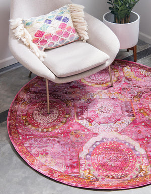 Pink 7' 1 x 7' 1 Baracoa Round Area Rug 100% Polypropylene Distressed Vintage Living Dining Room Office Traditional Carpet for Sale at Rug Engine