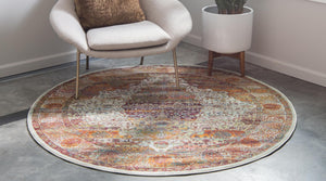 Cream 8' x 8' Baracoa Round Area Rug 100% Polypropylene Distressed Vintage Living Dining Room Office Traditional Carpet for Sale at Rug Engine