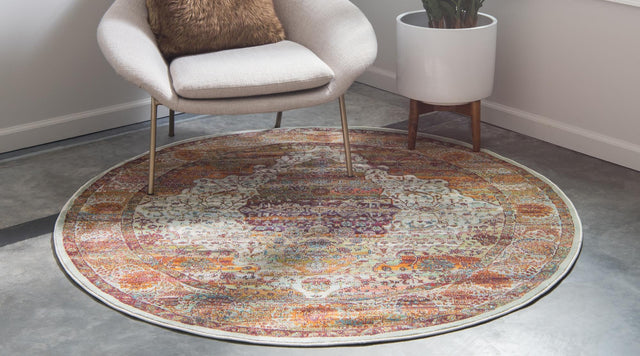 Cream 8' x 8' Baracoa Round Area Rug 100% Polypropylene Distressed Vintage Living Dining Room Office Traditional Carpet for Sale at Rug Engine
