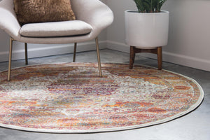 Cream 8' x 8' Baracoa Round Area Rug 100% Polypropylene Distressed Vintage Living Dining Room Office Traditional Carpet for Sale at Rug Engine