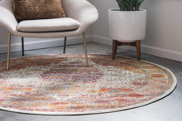Cream 8' x 8' Baracoa Round Area Rug 100% Polypropylene Distressed Vintage Living Dining Room Office Traditional Carpet for Sale at Rug Engine
