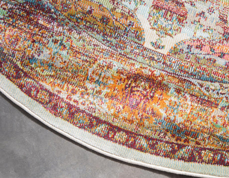 Cream 8' x 8' Baracoa Round Area Rug 100% Polypropylene Distressed Vintage Living Dining Room Office Traditional Carpet for Sale at Rug Engine