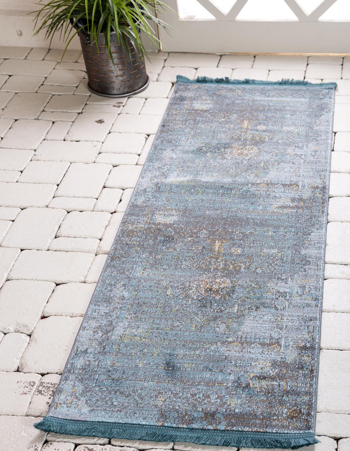 Turquoise 2' x 8' Baracoa Runner Area Rug 100% Polypropylene Distressed Vintage Living Dining Room Office Traditional Carpet for Sale at Rug Engine