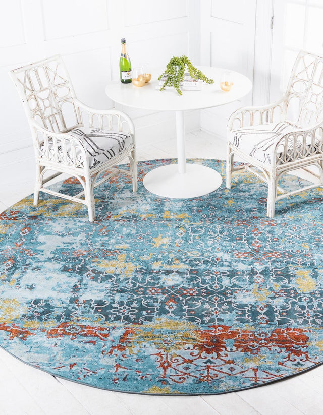 Blue 8' x 8' Baracoa Round Area Rug 100% Polypropylene Distressed Vintage Living Dining Room Office Traditional Carpet for Sale at Rug Engine