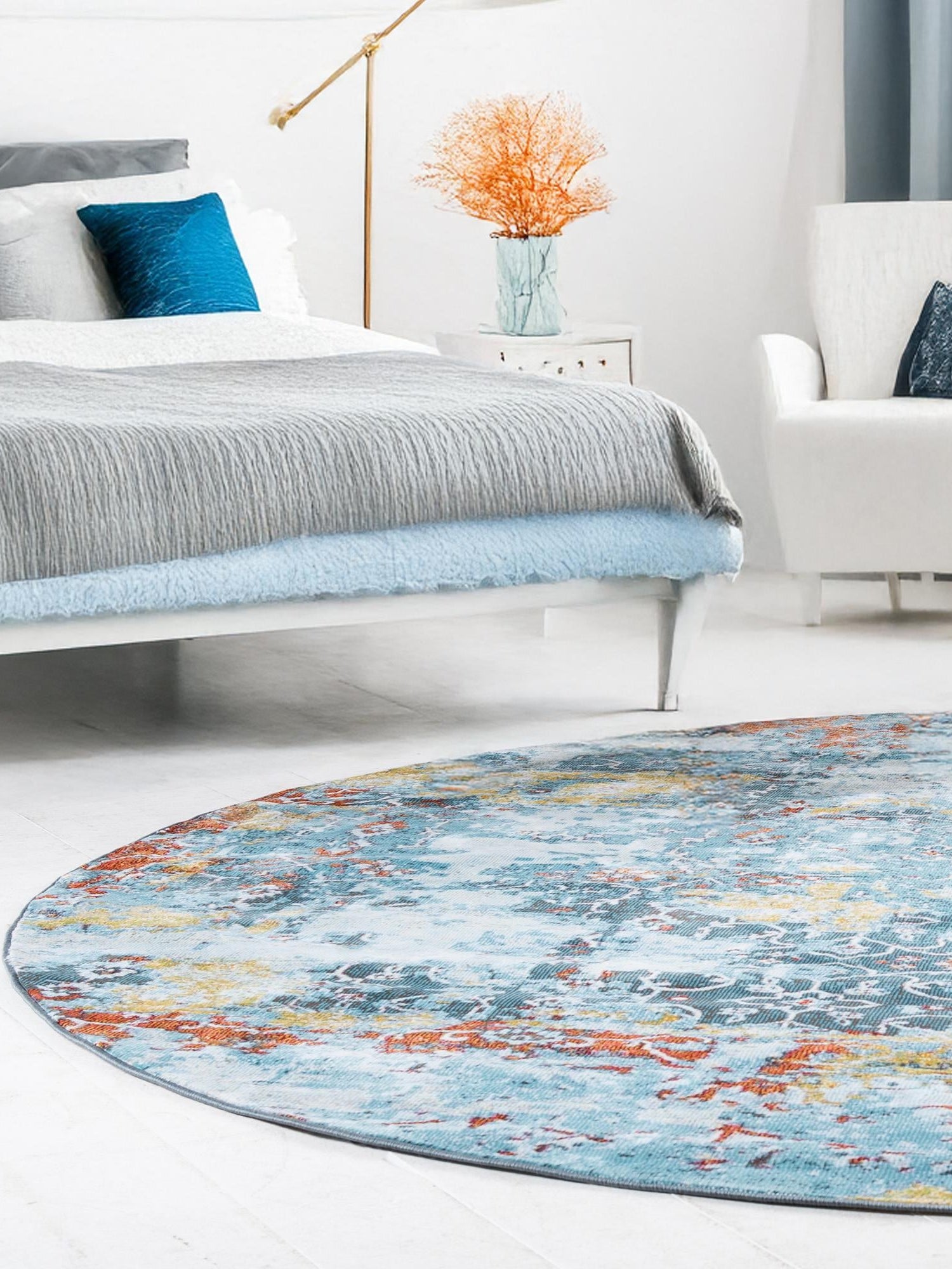 Blue 5' 5 x 5' 5 Baracoa Round Area Rug 100% Polypropylene Distressed Vintage Living Dining Room Office Traditional Carpet for Sale at Rug Engine