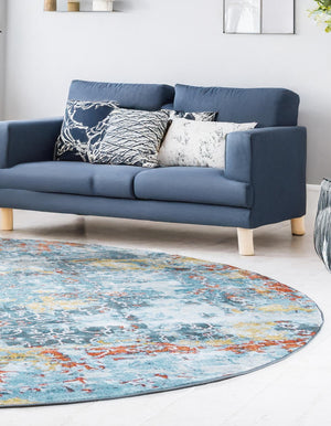 Blue 8' x 8' Baracoa Round Area Rug 100% Polypropylene Distressed Vintage Living Dining Room Office Traditional Carpet for Sale at Rug Engine