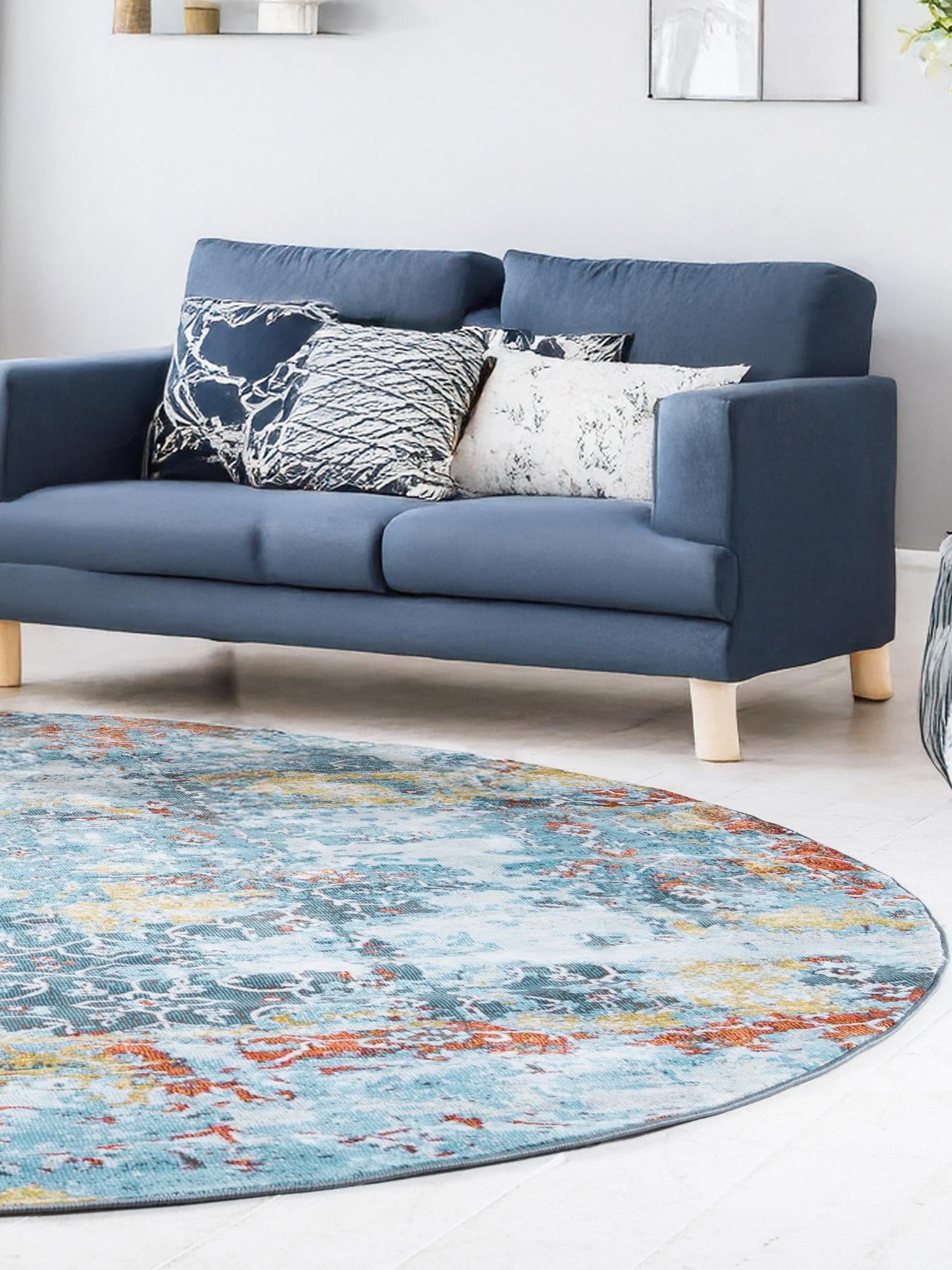 Blue 5' 5 x 5' 5 Baracoa Round Area Rug 100% Polypropylene Distressed Vintage Living Dining Room Office Traditional Carpet for Sale at Rug Engine