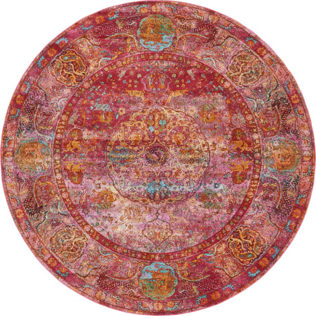 Red 8' x 8' 4 Baracoa Round Area Rug 100% Polypropylene Distressed Vintage Living Dining Room Office Traditional Carpet for Sale at Rug Engine