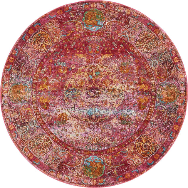Red 5' 5 x 5' 5 Baracoa Round Area Rug 100% Polypropylene Distressed Vintage Living Dining Room Office Traditional Carpet for Sale at Rug Engine