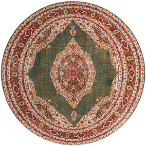 Green 8' x 8' Baracoa Round Area Rug 100% Polypropylene Distressed Vintage Living Dining Room Office Traditional Carpet for Sale at Rug Engine