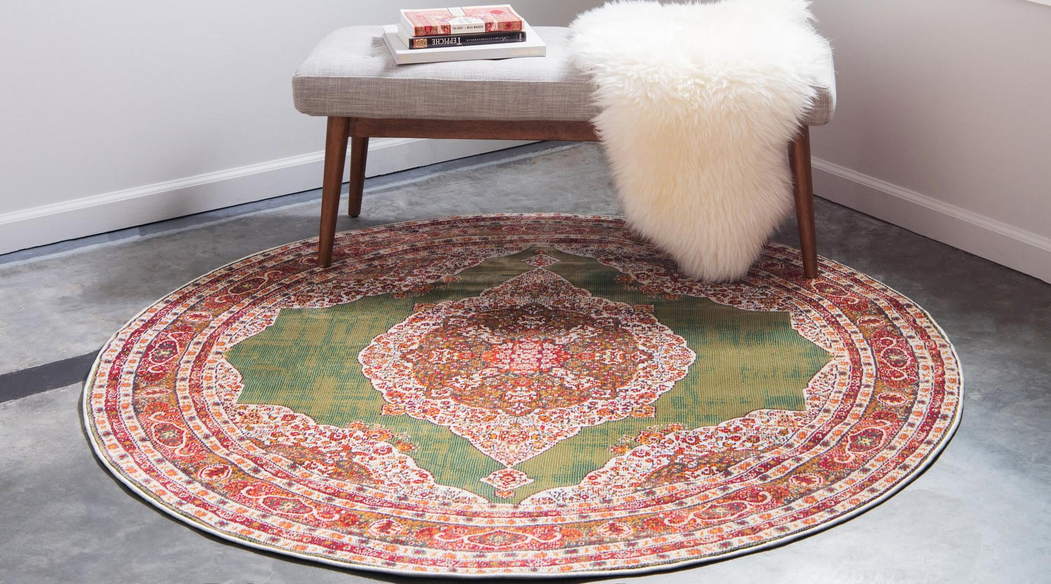 Green 8' x 8' Baracoa Round Area Rug 100% Polypropylene Distressed Vintage Living Dining Room Office Traditional Carpet for Sale at Rug Engine
