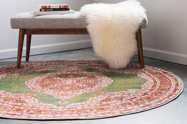 Green 8' x 8' Baracoa Round Area Rug 100% Polypropylene Distressed Vintage Living Dining Room Office Traditional Carpet for Sale at Rug Engine